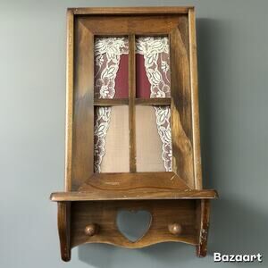 Vintage Wooden Wall Shelf 2 Pegs Window Pane Lace Heart Shape Cutout Distressed